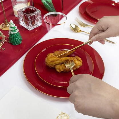MirthMood 210pcs Red Plastic Plates,Disposable Red Gold Party Plates,Include 30 Dinner,Dessert Plate,30 Cup&30 Napkins, 90 Gold Silverware for Wedding & Party & Birthday（Plum Red） - color: Plum Red, size: 210