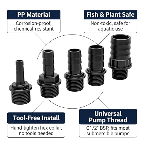 Hose Barb Fitting Set for Submersible Pump, 5PCS G1/2" Male Thread to 5/16" 1/2" 5/8" 3/4" 1" Barb Adapter Kit, PP Plastic Pump Outlet Connector for Pond Fountain Aquarium Hydroponics Water Feature