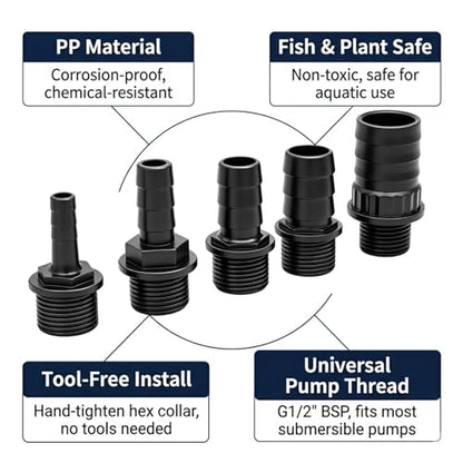 Hose Barb Fitting Set for Submersible Pump, 5PCS G1/2" Male Thread to 5/16" 1/2" 5/8" 3/4" 1" Barb Adapter Kit, PP Plastic Pump Outlet Connector for Pond Fountain Aquarium Hydroponics Water Feature
