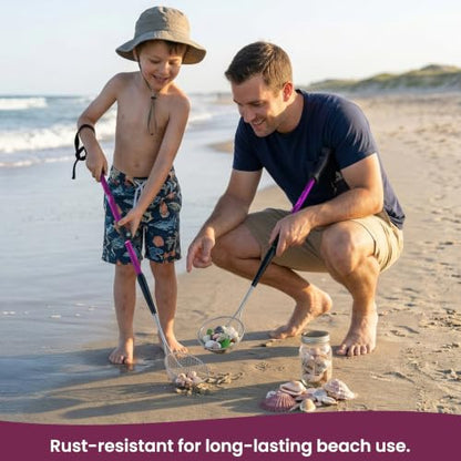 VOS Sand Sifter 2-Pack | Adjustable Handle 21"–33" | Stainless Steel Beach Scoop for Seashells, Shark Teeth & Sea Glass | Lightweight Aluminium, Rust-Resistant – Pink - color: Pink