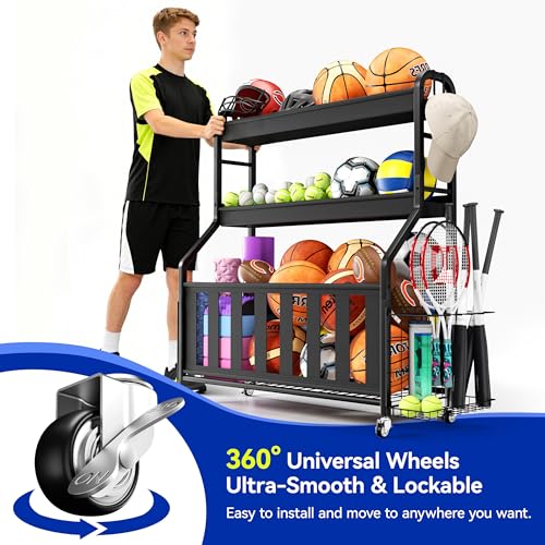 Sports Equipment Organizer, Large Capacity Garage Ball Storage Rack with Wheels, Heavy-Duty Rolling Ball Cart for Basketball, Soccer & Sports Gear