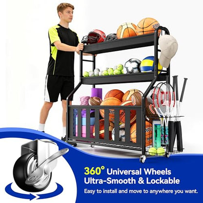 Sports Equipment Organizer, Large Capacity Garage Ball Storage Rack with Wheels, Heavy-Duty Rolling Ball Cart for Basketball, Soccer & Sports Gear