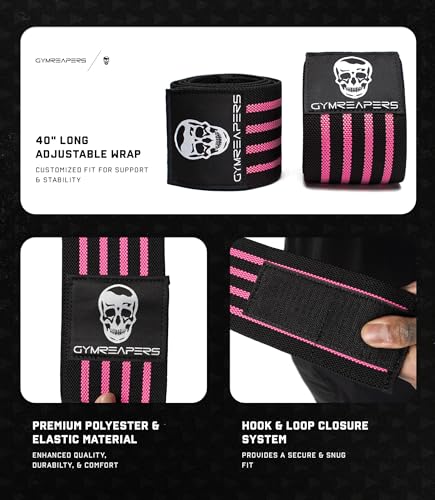 Gymreapers Weightlifting Elbow Wraps (1 Pair) - Flexible 40'' Elbow Compression Strap & Joint Support Brace - for Bench Press, Powerlifting, and Pressing - color: Pink