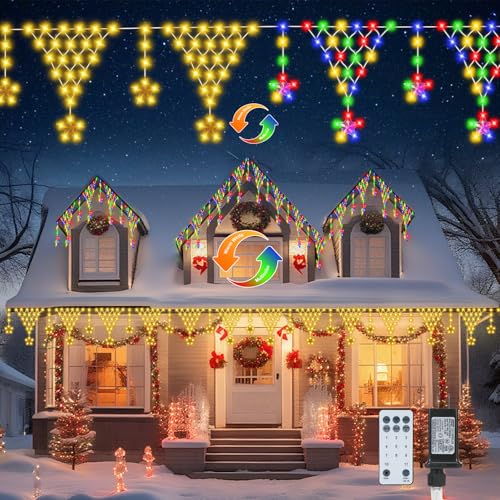 Christmas Outdoor String Lights Waterproof, 218 LED 13.8FT Star Curtain Fairy Lights with 11 Drops Connectable Clear Wire Christmas Light Decorations 8 Modes for Eaves Yard Wedding Party Holiday Decor - color: Warm white+Multicolored