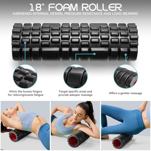 Krightlink 5-in-1 Foam Roller Set, Massage Roller Stick, Massage Ball, Resistance Band for Deep Muscle Massage, Trigger Point Release, Pilates, Yoga (Black-18(5 in 1)) - color: Black-18"(5 in 1)