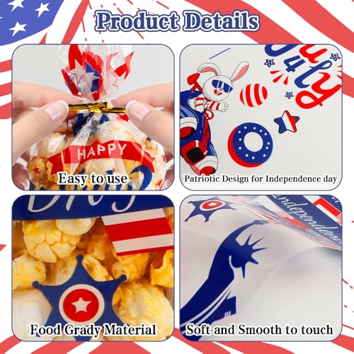 4th of July Treat Bags, 200 PCS Patriotic Cellophane Bags, Plastic Clear Red White Blue Candy Cookie Gift Goodie Snack Bag with Twist Tie for Independence Day 4th Fourth of July Party Favors Supplies - color: Clear-Patriotic-200pcs