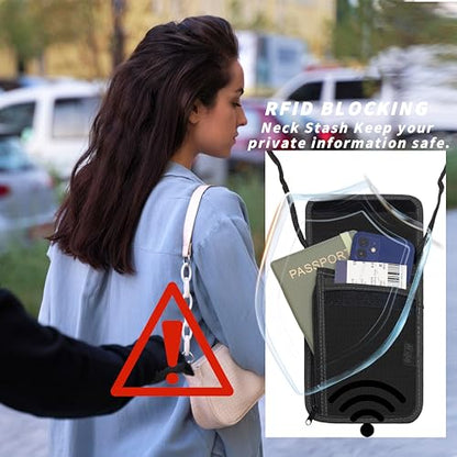 Travel Neck Wallet with RFID Blocking – Passport Holder Organizer Neck Pouch – Portable Easy to Conceal Travel Pouch (Black) - color: Black