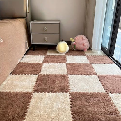 12pcs Carpet Squares Puzzle Floor Mat, Plush Interlocking Carpet Tiles, Anti Slip EVA Foam Jigsaw Floor Tiles, Build A Safe Area for Bedroom Playroom (Beige+Coffee) - color: Beige+coffee