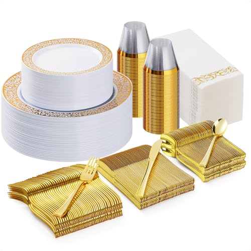 Bestluck 350 Pcs Gold Plastic Dinnerware Set for 50 Guests - color: Gold, size: 50 Guests Set