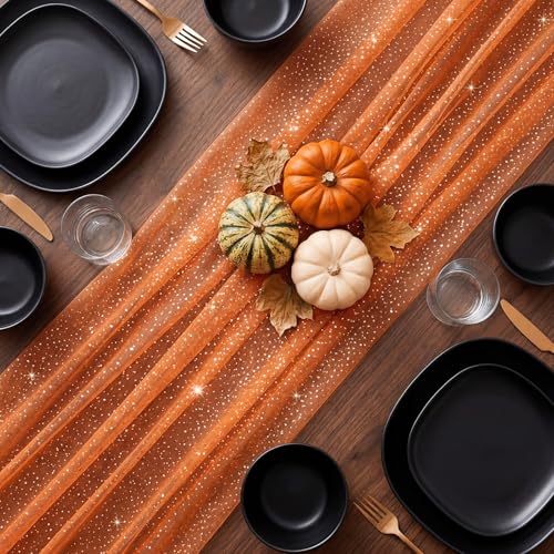 1pc Fall/Halloween Table Runner 10 ft Orange Metallic Foil Sheer - color: Orange