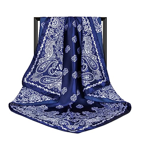 DRESHOW 35” Large Square Satin Head Scarf - 4Pcs Silk Accessories Classic Patterned Squares Beach Bandanas for Women - color: 4 Pcs: Black, White, Brown, Navy Blue