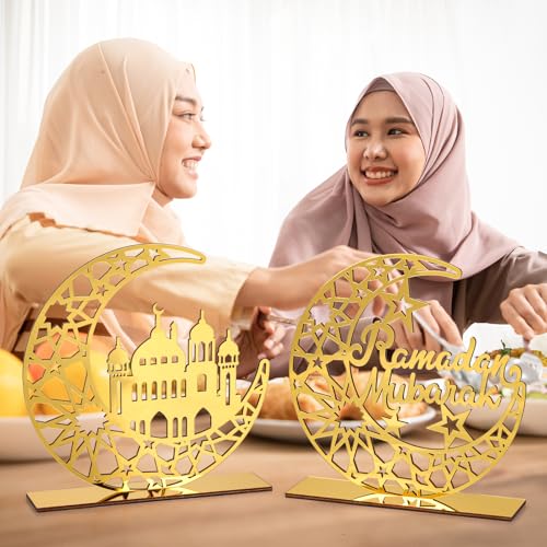 2 Pieces Acrylic Ramadan Decorations Islamic Eid Mubarak Kareem Table Sign Moon Hollow Star Ornament for Muslim Party Tabletop Decor Home Art Craft Decoration Golden Moon - style: House Ramadan