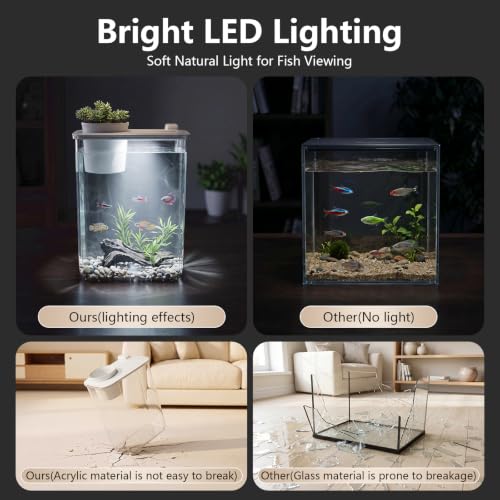 1 Gallon Betta Fish Tank Aquarium Starter Kit with Light and Lid(White) | Premium Acrylic Aquarium with Light and Lid, Crystal Clear Starter Kit for Betta Fish, Shrimp, Snails and Small Fish - color: White, size: 1 Gallon