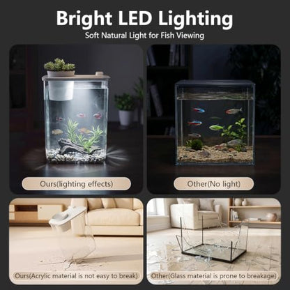 1 Gallon Betta Fish Tank Aquarium Starter Kit with Light and Lid(White) | Premium Acrylic Aquarium with Light and Lid, Crystal Clear Starter Kit for Betta Fish, Shrimp, Snails and Small Fish - color: White, size: 1 Gallon