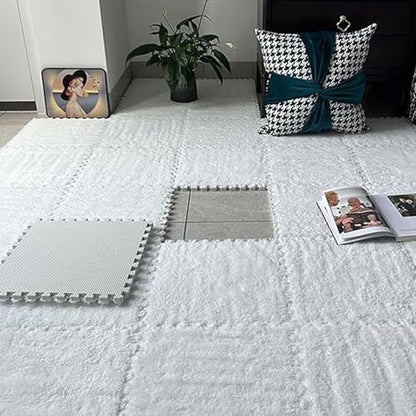 Gangdise 12 PCS Thickened Plush Interlocking Floor Mat Fluffy Square Tiles EVA Foam Matswith 16 Edgings Soft Anti-Slip Exercise Play Mat for Room (White) - color: White