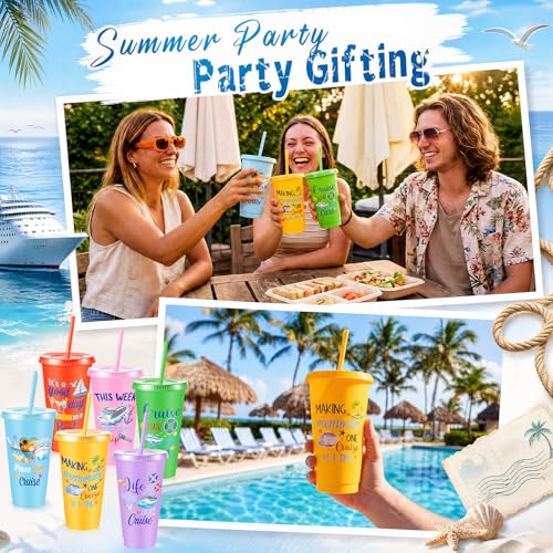 Chuangdi 12 Pcs Cruise Ship Gifts Bulk Nautical Birthday Party Favors 24 oz Funny Cruise Tumbler with Lid and Straw, Reusable Plastic Beach Travel Cups for Sailor Carnival Nautical Party Supplies - style: Cruise Theme