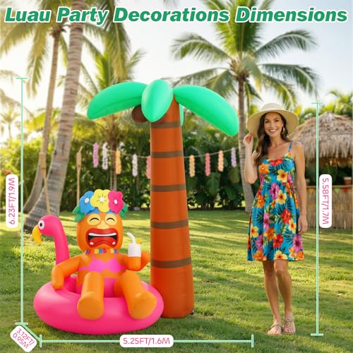 Lewondr 6FT Inflatable Tiki Luau Decor, Flamingo Coconut Palm Luau Party Decorations, Blow up Hawaiian Outdoor Decoration with 7 LED Lights, Summer Outdoor Inflatable for Tropical Pool Beach Yard Lawn - style: Flamingo Coconut Palm