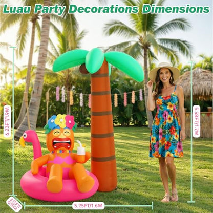 Lewondr 6FT Inflatable Tiki Luau Decor, Flamingo Coconut Palm Luau Party Decorations, Blow up Hawaiian Outdoor Decoration with 7 LED Lights, Summer Outdoor Inflatable for Tropical Pool Beach Yard Lawn - style: Flamingo Coconut Palm