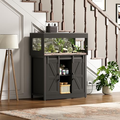 Herture 40 Gallon Reptile Terrariumn Tank with Stand, Reptile Enclosure | Reptile Tank with Barn Door and Storage,Vivarium with Acrylic Doors,Mesh Top & Outlet,for Geckos,Lizards,Snakes Black PX06RTB - color: Black, size: 40 Gallon