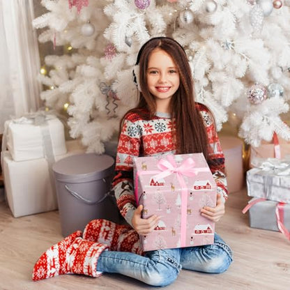Cuitpan Pink Christmas Wrapping Paper - Xmas Gift Wrap with Snowy Houses, Reindeer, Snowmen & Trees Design - Perfect for Kids & Adults Gift Wrapping - 40×28 Inches, 4 Folded Sheets - color: Christmas-House