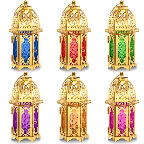 Mumufy 6 Pcs Moroccan Lanterns Ramadan Lantern Eid Decorations for Home Gold Lamp Decor Vintage Decorative Eid Mubarak Hanging Candle Lantern for Party Decor Indoor Outdoor (Gold) - color: Gold