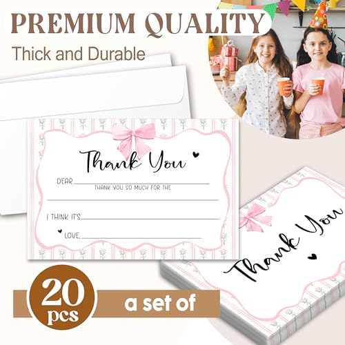 Kids Thank You Cards with Envelopes, Pink Bow Theme Fill in the Blank Thank You Notes for Kids, Toddler Stationery Set, Ideal for Birthday Party, Graduation & School Gag Gifts - B04 - color: Pink Bow Style