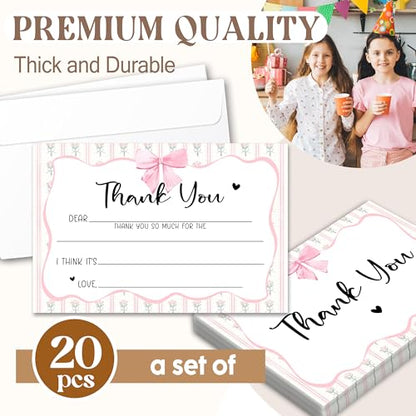 Kids Thank You Cards with Envelopes, Pink Bow Theme Fill in the Blank Thank You Notes for Kids, Toddler Stationery Set, Ideal for Birthday Party, Graduation & School Gag Gifts - B04 - color: Pink Bow Style
