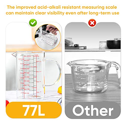 High Borosilicate Glass Measuring Cup with Handle, [Double-Sided Measuring Scale, V-Shaped Spout, Insulated handle], Glass Measuring Cup with Three Scales (OZ, Cup, ML) for Liquid (500 ML) - size: 2 Cup (500 ml)