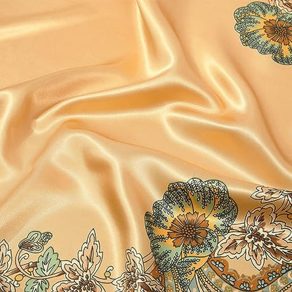 AWAYTR 35” Large Satin Square Head Scarf - 2Pcs Silk Like Floral Head Scarves Square Satin Hair Scarf Bandanas for Women - color: Cashew(yellow+green)
