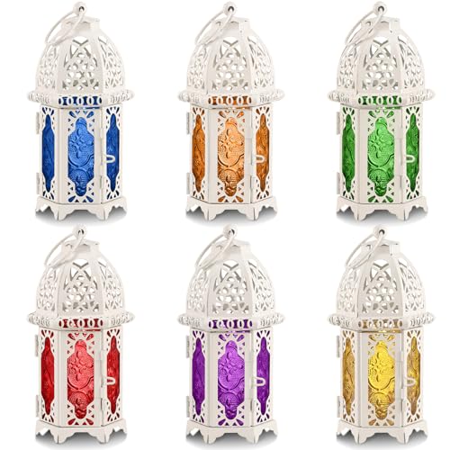 Mumufy 6 Pcs Moroccan Lanterns Ramadan Lantern Eid Decorations for Home Gold Lamp Decor Vintage Decorative Eid Mubarak Hanging Candle Lantern for Party Decor Indoor Outdoor (White) - color: White