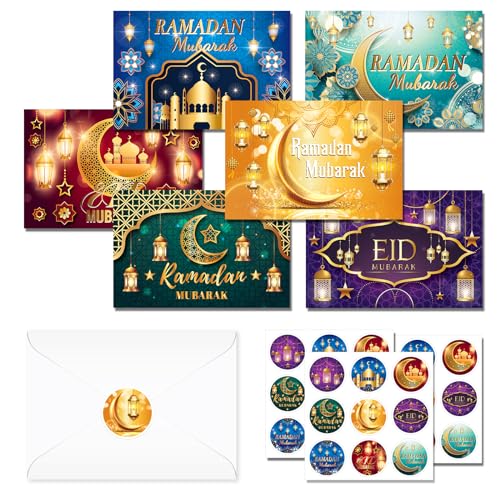 24 Pack Ramadan Mubarak & Eid Mubarak Greeting Cards with Envelopes and Stickers - 6 Styles Islamic Festival Cards for Eid Al-Fitr Gift Giving, Muslim Party Favors, Ramadan Celebration, 7.9x5.9 Inches