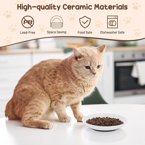 3 Pcs Ceramic Cat Food Bowls, Cute Cat Bowls, 5.9 Inch Cat Plates Set for Wet and Dry Food Water, White Flat Cat Dish with Non-Slip Base for Cats and Puppies (3 Kitten Patterns)