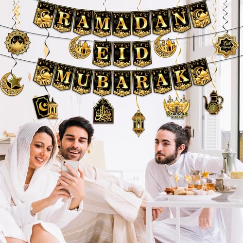 2 in 1 Ramadan nd Eid Decorations, NO-DIY Ramadan Mubarak Decorations Includes Ramadan Eid Banner and Ramadan Decorations Hanging Swirls, Eid Mubarak Decorations Ramadan Decorations for Home