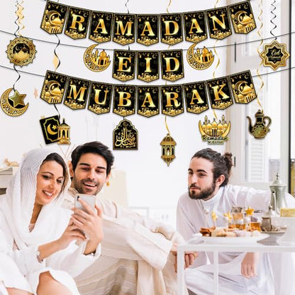 2 in 1 Ramadan nd Eid Decorations, NO-DIY Ramadan Mubarak Decorations Includes Ramadan Eid Banner and Ramadan Decorations Hanging Swirls, Eid Mubarak Decorations Ramadan Decorations for Home