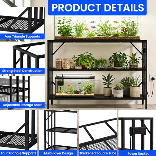 55-75 Gallon Fish Tank Stand with Power Outlet, Heavy Duty Metal Aquarium Stand, 3-Tier Adjustable Storage Shelf for Home and Office, 1000LBS Capacity, Black (Tank not Included) - size: 55-75 Gallon with Power Outlet