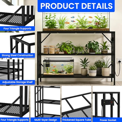 55-75 Gallon Fish Tank Stand with Power Outlet, Heavy Duty Metal Aquarium Stand, 3-Tier Adjustable Storage Shelf for Home and Office, 1000LBS Capacity, Black (Tank not Included) - size: 55-75 Gallon with Power Outlet