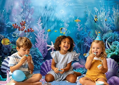 Under the Sea Backdrop Summer Tropical Fish Coral Ocean Underwater World Photography Background Ocean Aquarium Themed Baby Shower Birthday Party Banner Decorations Photo Booth Props 8x6FT - size: 8x6FT