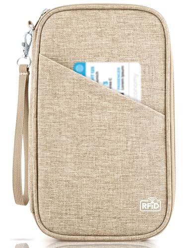 Passport Holder Family, Women Rfid Blocking Passport Wallet, Travel Essentials Premium Wallets, Waterproof Passport Holders Bag for Men Traveling, Travel Document Organizer Credit Cards Case - color: Family - Pale Khaki