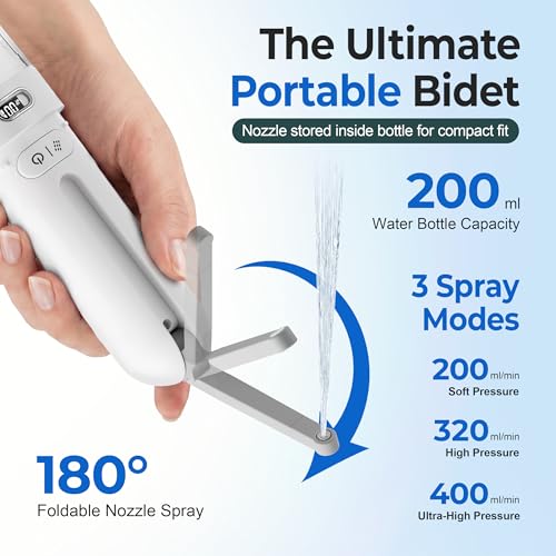 Electric Portable Bidet- Rechargeable Travel Bidet for Women, Postpartum, Hygiene | 3 Pressure Modes, 260 Uses/Charge, IPX7 Waterproof, Foldable & Compact, Standard Bottle Fit, USB-C Charging, White - color: White