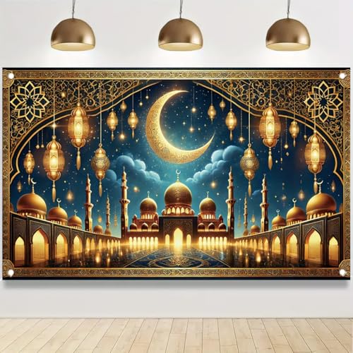 Ramadan Mubarak 71x43 Inch Banner Crescent Moon Mosque Lantern lslamic EidDecoration Golden Blue Night Sky Party Indoor Outdoor Decor - color: Blue and Gold