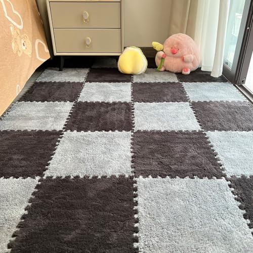 12pcs Carpet Squares Puzzle Floor Mat, Plush Interlocking Carpet Tiles, Anti Slip EVA Foam Jigsaw Floor Tiles, Build A Safe Area for Bedroom Playroom (Grey+Black) - color: Grey+black