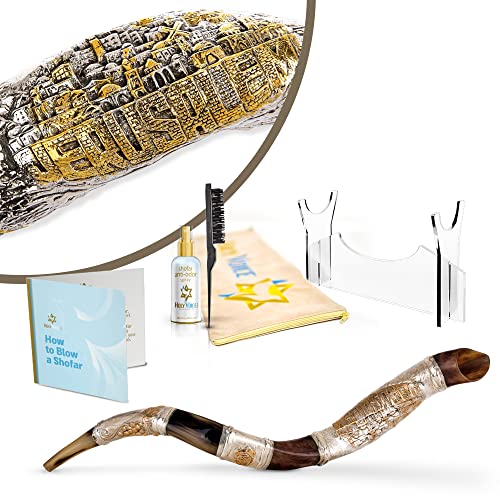 Holy Voice Sterling Silver-Plated 39"-43" Shofar Horn from Israel - with Stand, Carrying Bag, and Cleaning Brush – Made in Israel (Jerusalem) - color: Jerusalem, size: 39"-43"