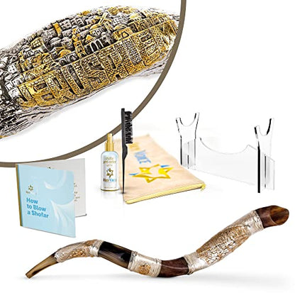 Holy Voice Sterling Silver-Plated Shofar Horn from Israel - Silver Plated Shofar with Stand, Carrying Bag and Cleaning Brush Made in Israel (32"-36", Jerusalem) - color: Jerusalem, size: 32"-36"