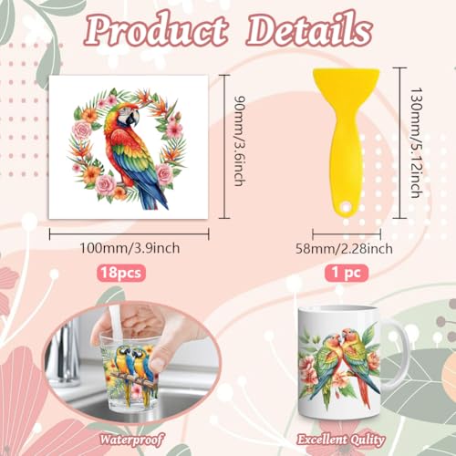 Peacoblue 18 Sheets Rub on Transfers for Crafts, Parrot with Flowers 3.6"x3.9" UV DTF Cup Wraps Waterproof Rub on Cold Transfers Stickers for Wood Glass Metal Cup Tumblers Mirrors Mugs Home Decor - style: Parrot with flowers