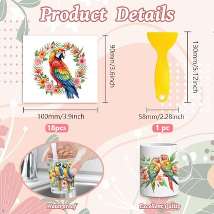 Peacoblue 18 Sheets Rub on Transfers for Crafts, Parrot with Flowers 3.6"x3.9" UV DTF Cup Wraps Waterproof Rub on Cold Transfers Stickers for Wood Glass Metal Cup Tumblers Mirrors Mugs Home Decor - style: Parrot with flowers