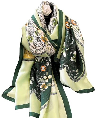 Womens 100% Large Mulberry Silk Scarf Long Satin Scarf Fashion Lightweight Wraps - color: Green Floral
