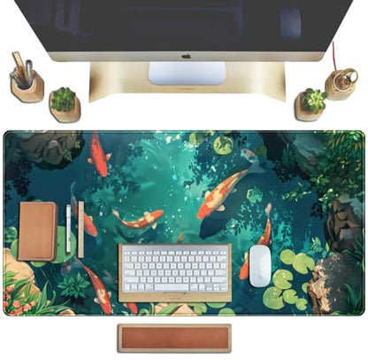 Koi Fish Desk Mat Gaming Koi Pond Desk Pad Large Cute Mouse Pad, Goldfish Mouse Mat XXL Laptop Keyboard Pad, Blue Waters Gamer Mouse Pad Full Mousepads Cool Office Accessories 31.5"x15.7" - color: DL-Lnk Wash Lotus Pond