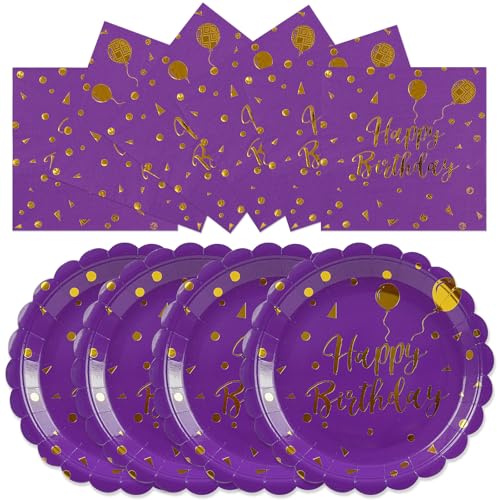 50PCS Purple and Gold Happy Birthday Paper Plates and Napkins Party Decorations- 7 Inch Scalloped Dessert Plates and 6.5 Inch Napkins Disposable Tableware Set Birthday Party Supplies , Serves 25 - color: Purple and Gold