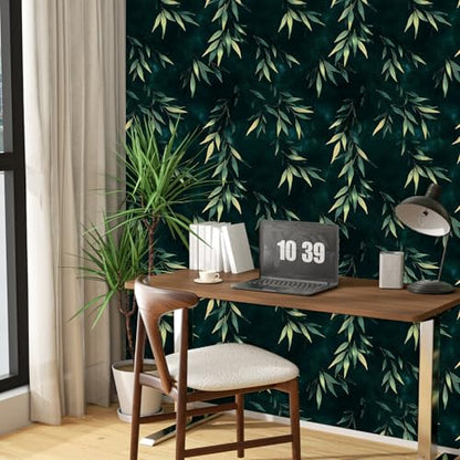 Dark Green Gold Bamboo Leaves Peel and Stick Wallpaper 17.5" x 118" | Self-Adhesive, Removable Waterproof Contact Paper for Bedroom, Bathroom, Cabinets, Accent Wall, Laundry Room - color: Teal Green/Gold, size: 17.5" x 118"
