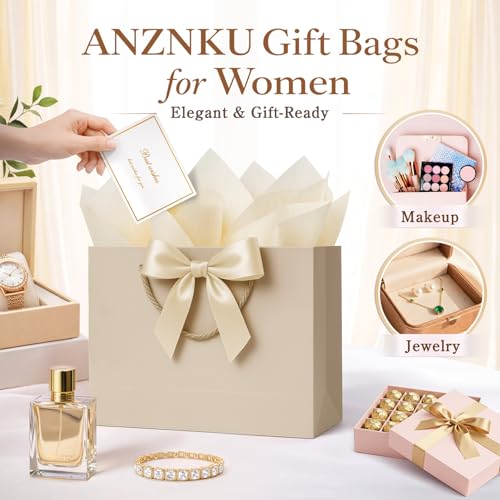ANZNKU 2PCS Gift Bags Medium with Handles 4 Tissue Paper 2 Ribbons 2 Cards, Gift Wrap Bags for Women Wedding Bridal Baby Shower Birthday Graduation Engagement Presents Party Favors (Champagne Beige) - color: Champagne Beige